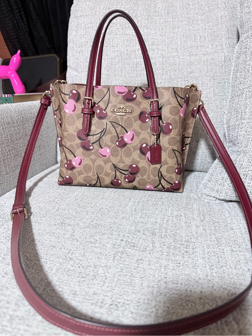 Coach Brown Signature Canvas Mini Tote Mollie with Pink Cherry Print